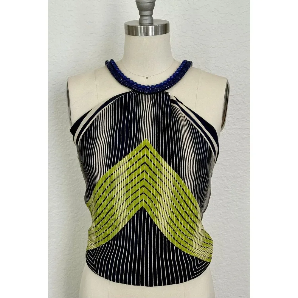 Navy Green Geometric Square Scarf Multi Wear Halter Neck Head Wrap Striped